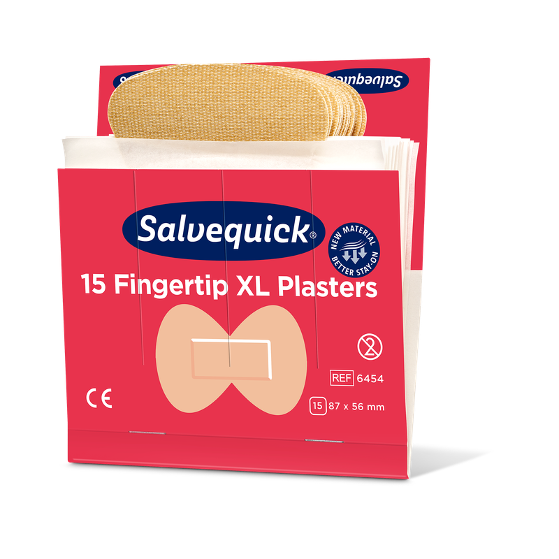 Una scatola aperta di Orkla Wound Care AB XL cerotti in tessuto per la punta delle dita, 15 pezzi/miniera (confezione da 6 pezzi), mostra cerotti beige per la punta delle dita. La scatola rossa ha una dimensione di 87 x 56 mm e mette in risalto il design flessibile del cerotto in tessuto.