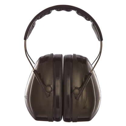 Ein grüner 3M™ PELTOR™ Optime™ II Kapselgehörschutz H520A (SNR 31 dB) von 3M Deutschland GmbH, hier frontal mit gepolstertem Kopfband und verstellbaren Metallbügeln, bietet zuverlässigen Gehörschutz. Packung: 1 Stück.