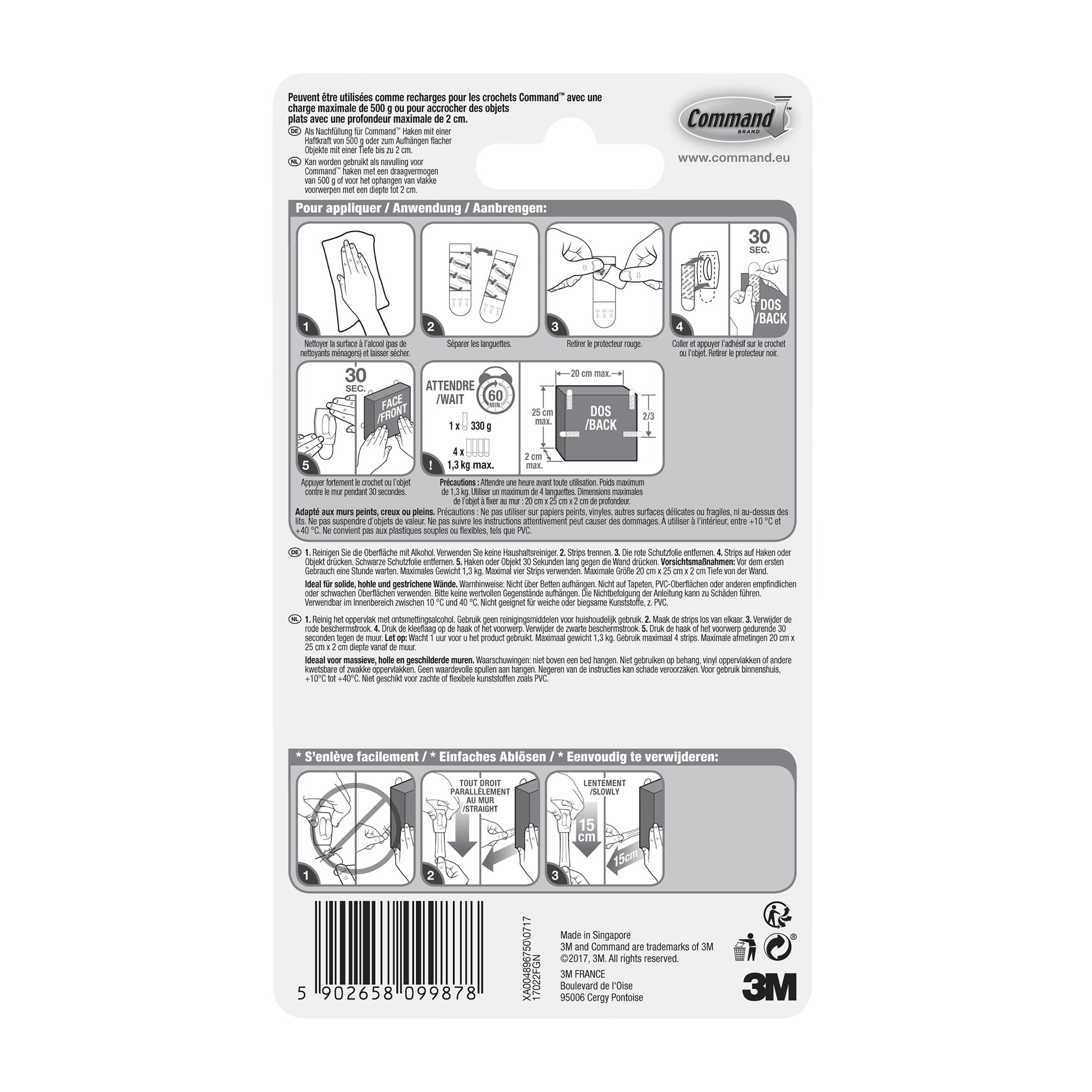 Die Rückseite der Kleine Command™ Strips S, 17022N Packung (1 Stück) von 3M Deutschland GmbH zeigt mehrsprachige Anwendungs- und Entferungsanleitungen mit Abbildungen sowie den 3M-Schriftzug und Barcode unten.