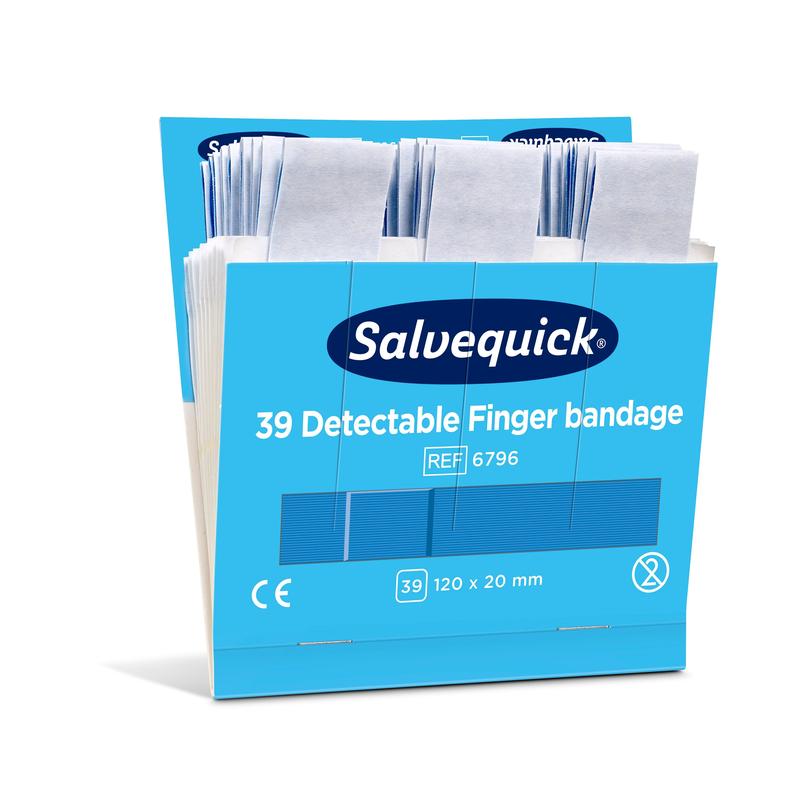 In una scatola blu aperta con la scritta "Orkla Wound Care AB Bendaggio per dita rilevabile blu, 120 x 20 mm, 39 st/min" (Confezione da 6 pezzi) ci sono bende confezionate singolarmente.
