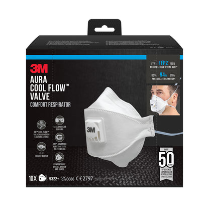 Una scatola della 3M™ Aura™ Comfort Cool Flow™ Maschera antiparticolato 9322+, FFP2, con valvola di 3M Deutschland GmbH, con immagini della maschera e del portatore. La confezione evidenzia le caratteristiche principali e la certificazione FFP2.
