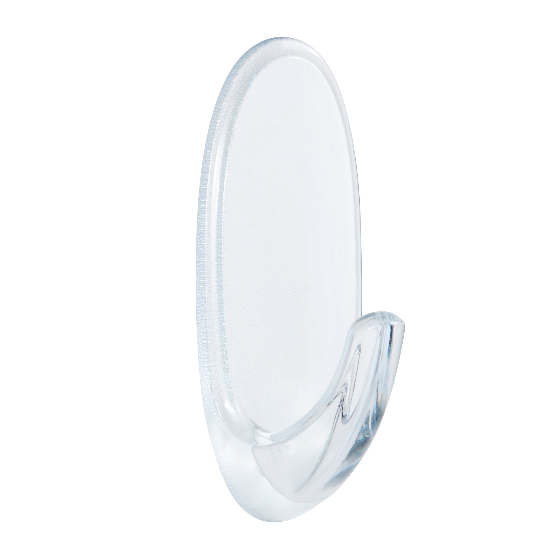 Der Transparente mittelgroße Command™ Haken M für den Außenbereich, oval von 3M Deutschland GmbH (17091AW), ist ein klarer Wandhaken mit ovaler Basis und gebogenem Haken, abgebildet vor weißem Hintergrund.