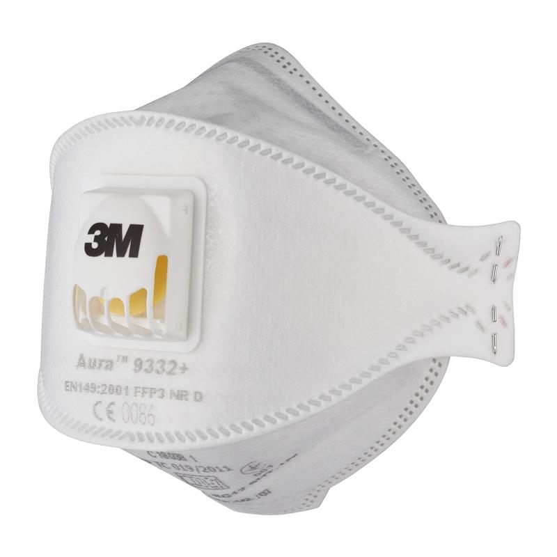 La maschera antiparticolato 3M™ Aura™ Comfort Cool Flow™ 9332+, FFP3, con valvola di 3M Deutschland GmbH è una maschera facciale bianca con valvola di espirazione gialla, modellata per naso e bocca e con indicazioni di prodotto e certificazione stampate.