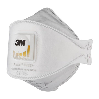 La maschera antiparticolato 3M™ Aura™ Comfort Cool Flow™ 9332+, FFP3, con valvola di 3M Deutschland GmbH è una maschera facciale bianca con valvola di espirazione gialla, modellata per naso e bocca e con indicazioni di prodotto e certificazione stampate.