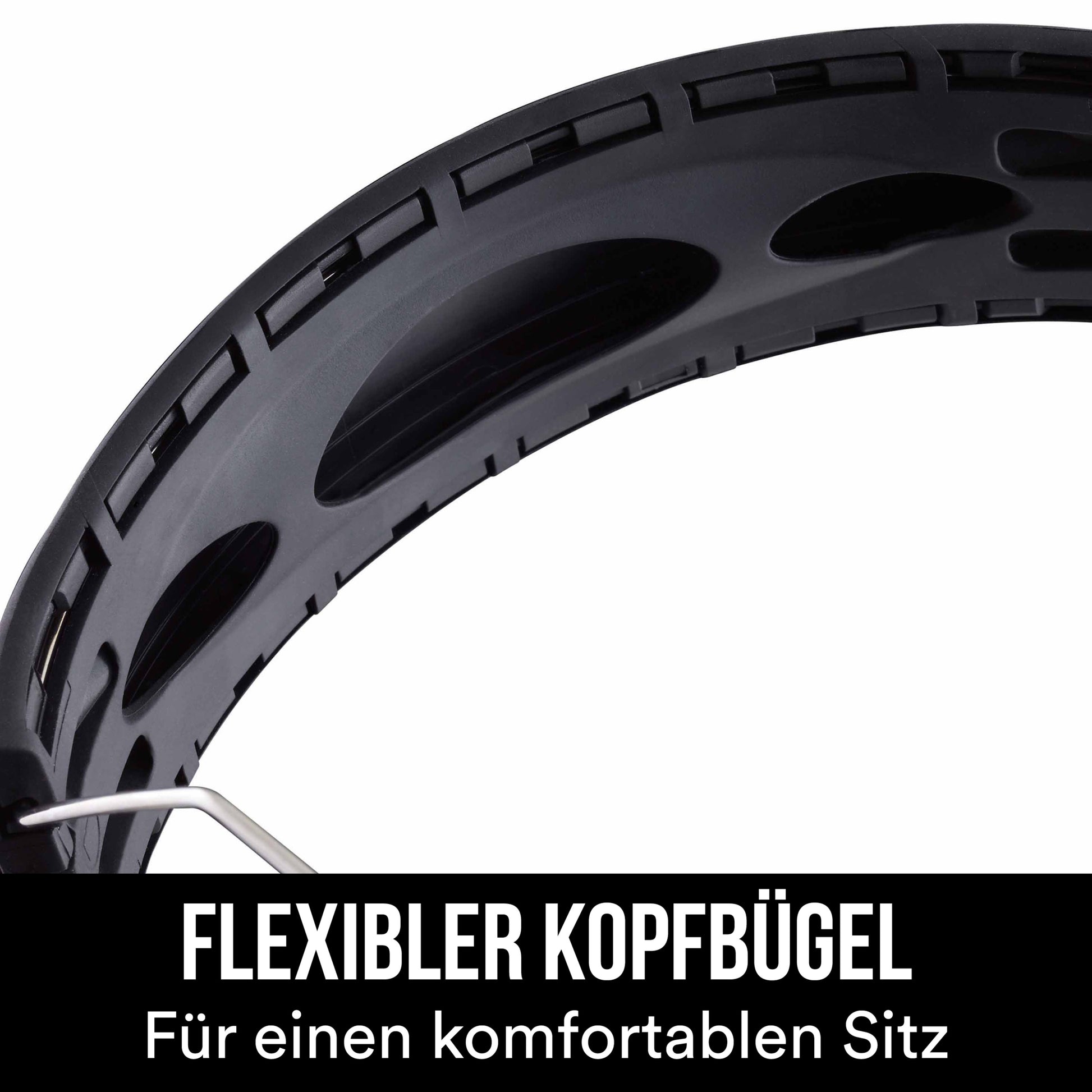 Eine Nahaufnahme des flexiblen schwarzen Kopfbandes des 3M™ WorkTunes™ Connect Kapselgehörschutz 90543E (SNR 31 dB). Unten, deutscher Text: "FLEXIBLER KOPFBÜGEL Für einen komfortablen Sitz." Marke: 3M Deutschland GmbH.