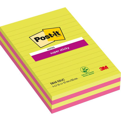 Una confezione di Post-it® Super Sticky Notes in formato grande della 3M Deutschland GmbH, righe, 127 x 203 mm, vari colori, 45 fogli per blocco, 4 blocchi per confezione. Realizzato con carta certificata 100% PEFC.