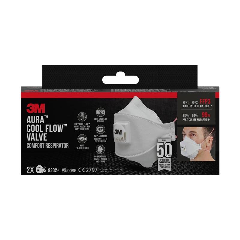 Una scatola rettangolare nera della maschera antiparticolato 3M™ Aura™ Comfort Cool Flow™ 9332+, FFP3, con valvola di 3M Deutschland GmbH mostra immagini della maschera bianca e del portatore e mette in evidenza le caratteristiche del prodotto e la certificazione.