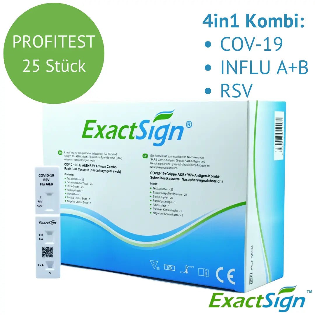Una scatola con l'etichetta "ExactSign 4in1 Antigen Combo Rapid Test" (25 pezzi) di ExactSign per COV-19, Influenza A+B e RSV è raffigurata su un imballaggio diagnostico bianco, verde e blu.