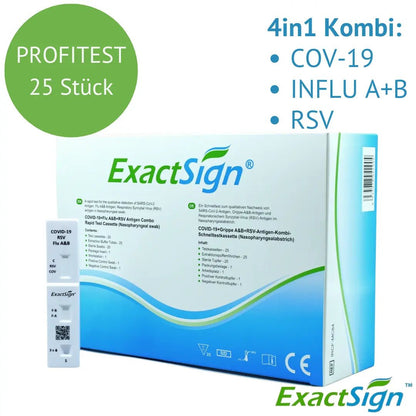 Una scatola con l'etichetta "ExactSign 4in1 Antigen Combo Rapid Test" (25 pezzi) di ExactSign per COV-19, Influenza A+B e RSV è raffigurata su un imballaggio diagnostico bianco, verde e blu.
