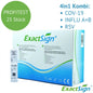 Una scatola con l'etichetta "ExactSign 4in1 Antigen Combo Rapid Test" (25 pezzi) di ExactSign per COV-19, Influenza A+B e RSV è raffigurata su un imballaggio diagnostico bianco, verde e blu.