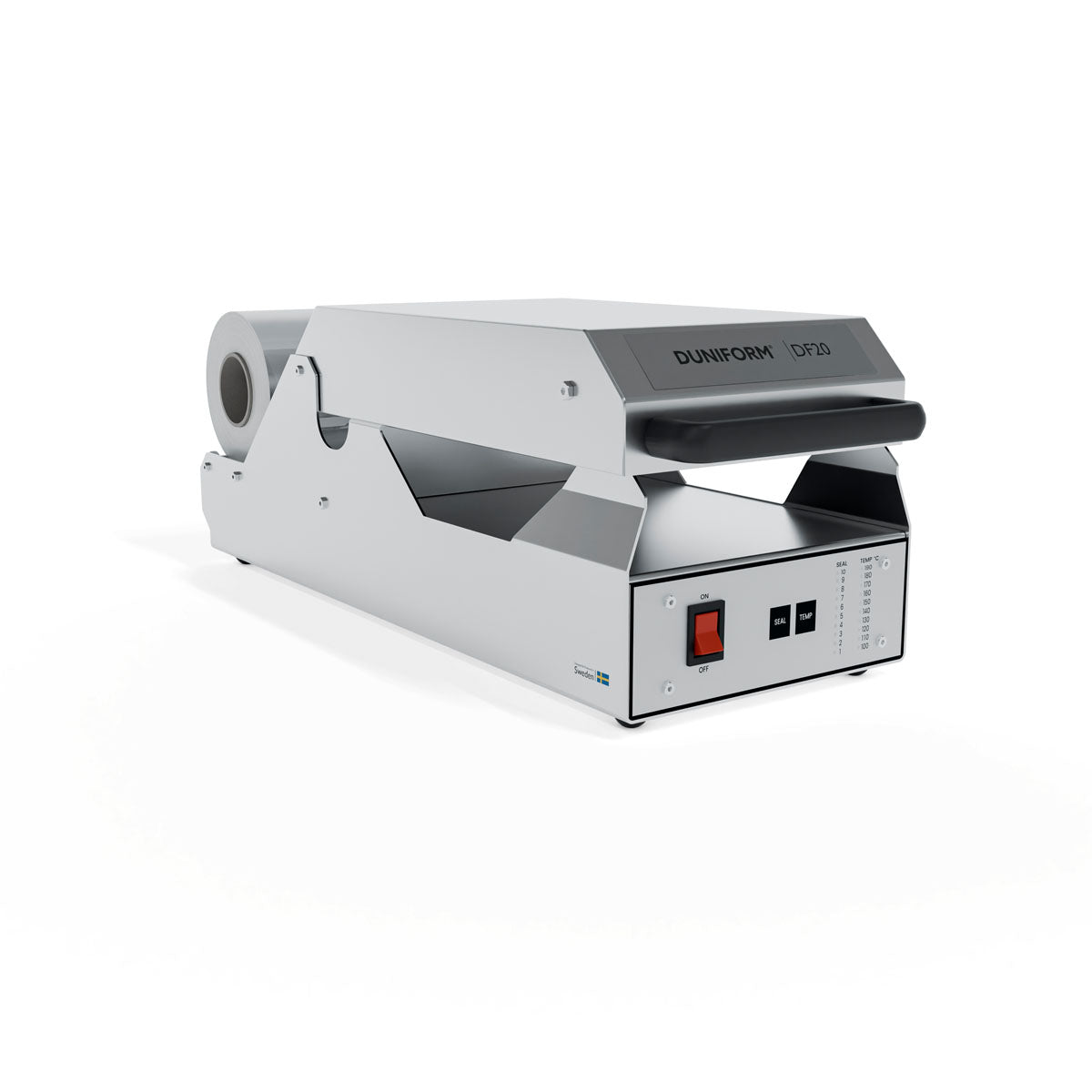 La sigillatrice DF20 - semiautomatica incl. 1 cassetta DF10/DF20 di Duni GmbH, con controllo digitale e maniglia nera, è ideale per sigillare confezioni ed è pronta per chiudere vassoi alimentari.