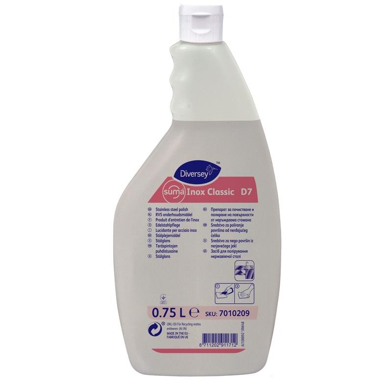 La bottiglia da 750 ml di Suma Inox Classic D7 per la cura dell'acciaio inossidabile (oleosa) della Diversey Deutschland GmbH & Co. OHG, offre una brillante lucentezza e protezione contro la corrosione per l'acciaio inossidabile, con etichetta con avvertenze, simboli di utilizzo e chiusura bianca.