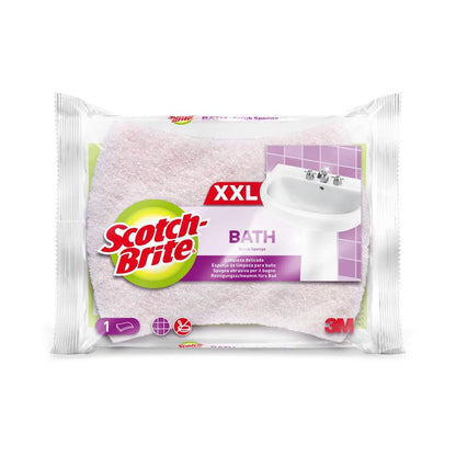Una confezione di spugna per la pulizia del bagno Scotch-Brite® Bath XXL di 3M Deutschland GmbH contiene 1 grande spugna per rimuovere i depositi di calcare, con un'immagine di un lavabo sulla confezione.