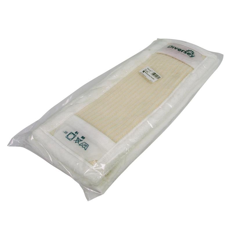 TASKI Multimop Combi 40 confezionato da Diversey Deutschland GmbH & Co. OHG con tessuto bianco-beige, bordi esterni in microfibra, interno in misto cotone-poliestere, tufting ad anello per la raccolta dello sporco e la scorrevolezza - 1 pezzo per confezione con simboli di cura e etichetta del prodotto.