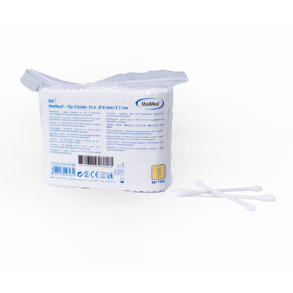 MaiMed -Tip Classic ECO (testa piccola) tamponi di cotone non sterili, bastoncino di cartone, 200 pezzi/sacchetto | Confezione (200 pezzi)