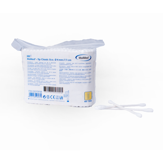 MaiMed -Tip Classic ECO (testa piccola) tamponi di cotone non sterili, bastoncino di cartone, 200 pezzi/sacchetto | Confezione (200 pezzi)