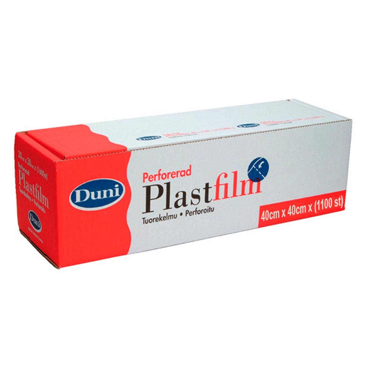 Una scatola rettangolare di pellicola trasparente perforata della Duni GmbH, etichettata in lingua svedese, con confezione rosso-bianca e logo blu; contiene un rotolo di pellicola in PVC trasparente (40cm x 440m, 1100 fogli), ideale per l'uso nella ristorazione.
