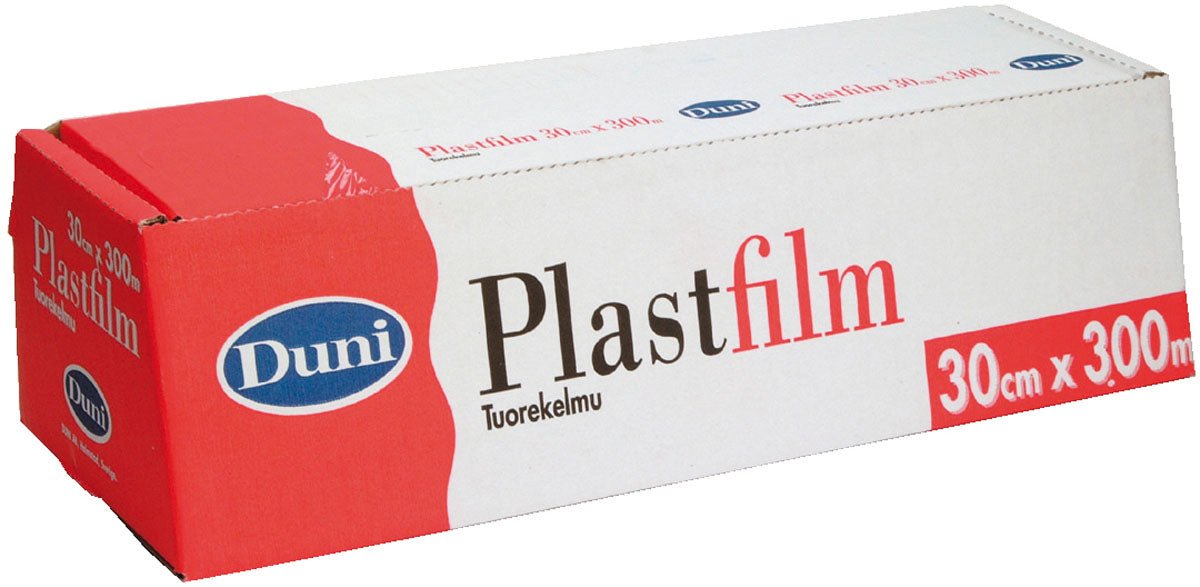 Una scatola rettangolare della Duni GmbH pellicola trasparente in PVC 300 m, etichettata con "30 cm x 300 m", mostra un design rosso-bianco con logo blu. La scatola non aperta mantiene freschi gli alimenti e mostra "Tuorekelmu" sotto il nome del prodotto.