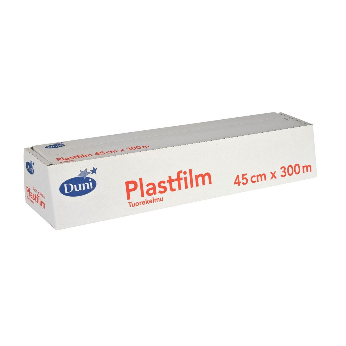 Una scatola rettangolare bianca con la scritta "Duni GmbH pellicola trasparente in PVC 300 m" con caratteri blu e rossi, ideale per mantenere freschi gli alimenti. Il rotolo largo 45 cm viene fornito in una confezione con bordo perforato per una facile estrazione.