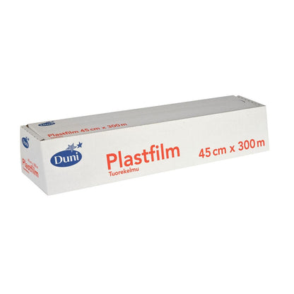 Una scatola rettangolare bianca con la scritta "Duni GmbH pellicola trasparente in PVC 300 m" con caratteri blu e rossi, ideale per mantenere freschi gli alimenti. Il rotolo largo 45 cm viene fornito in una confezione con bordo perforato per una facile estrazione.