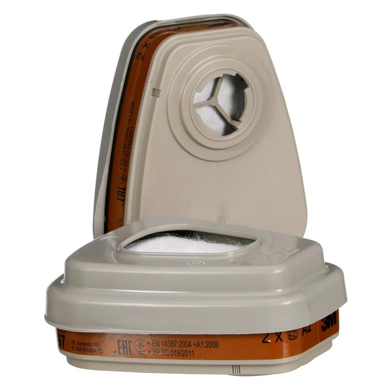 Sono raffigurati due filtri rettangolari beige 3M™ 6002-1SP A2P2 della 3M Deutschland GmbH - uno in piedi, uno piatto - con un cerchio bianco al centro e scritte marroni sul fondo. La confezione contiene 2x6055, 2x5925 e 2x501.