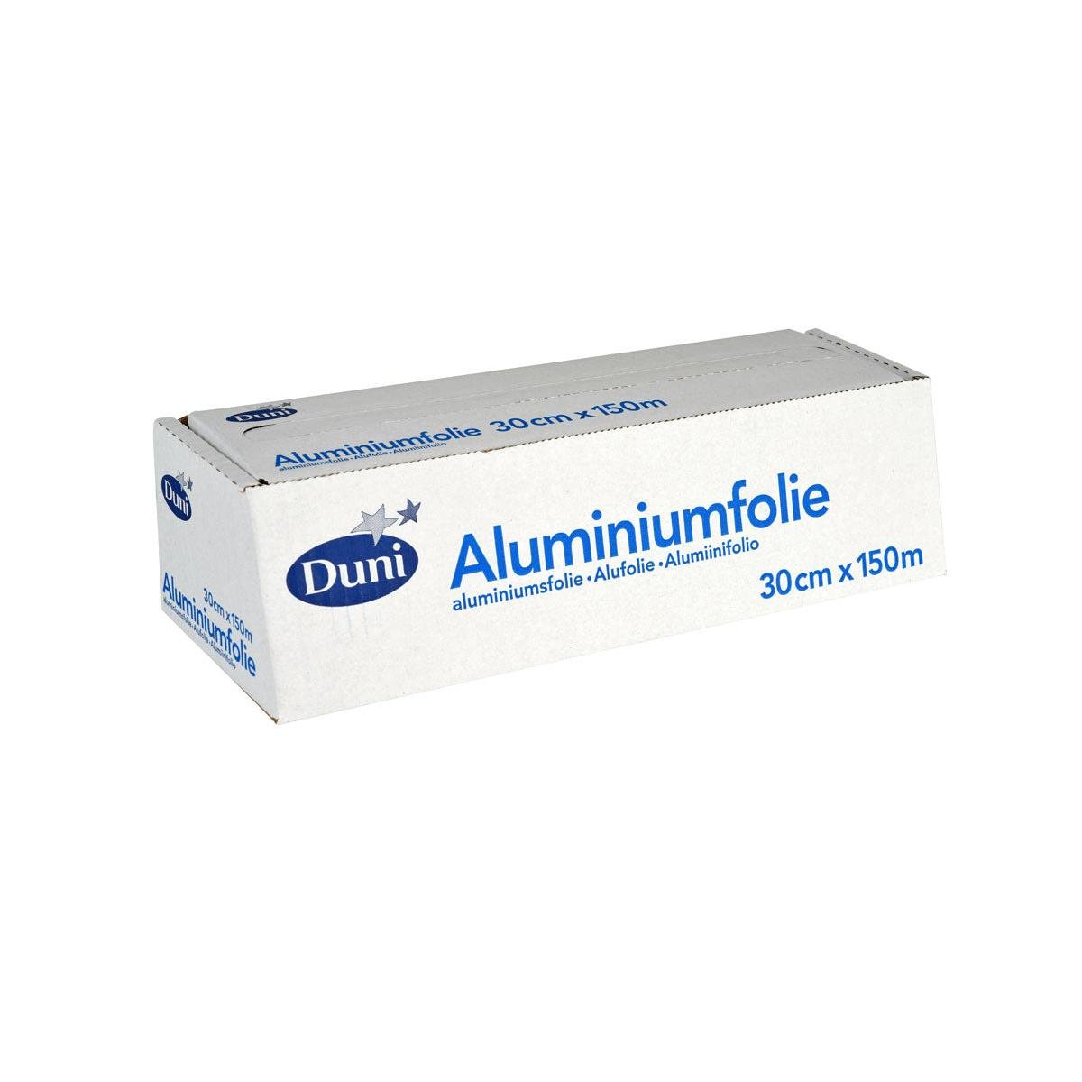 Una scatola rettangolare di foglio di alluminio argentato della Duni GmbH, etichettata in blu con "Alluminio", 30 cm x 150 m, ideale per l'imballaggio di alimenti resistenti al calore.