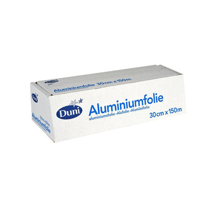 Una scatola rettangolare di foglio di alluminio argentato della Duni GmbH, etichettata in blu con "Alluminio", 30 cm x 150 m, ideale per l'imballaggio di alimenti resistenti al calore.