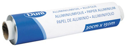 Un rotolo di carta d'alluminio, ricarica argento ALU della Duni GmbH in confezione bianco-blu, etichettato con "30cm x 150m" e informazioni in diverse lingue - ideale come ricarica per la cucina.