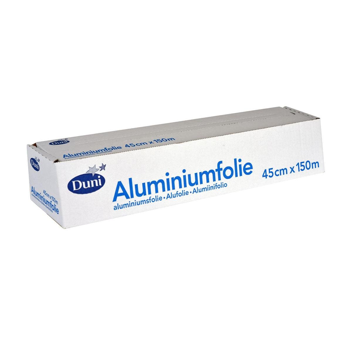 La Duni GmbH foglio di alluminio, scatola di rotolo Argento ALU è un rotolo rettangolare argentato, etichettato con "Alluminio", resistente al calore e ideale per l'imballaggio di alimenti, con dimensioni di 45 cm x 150 m.