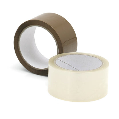 Due rotoli di nastro adesivo Nölle Profi Brush di Nölle Profi Brush Bürsten- & Pinseltechnik e.K. - uno marrone e uno trasparente - sono raffigurati su sfondo bianco, ciascuno parzialmente srotolato per mostrare il lato adesivo per un facile imballaggio.