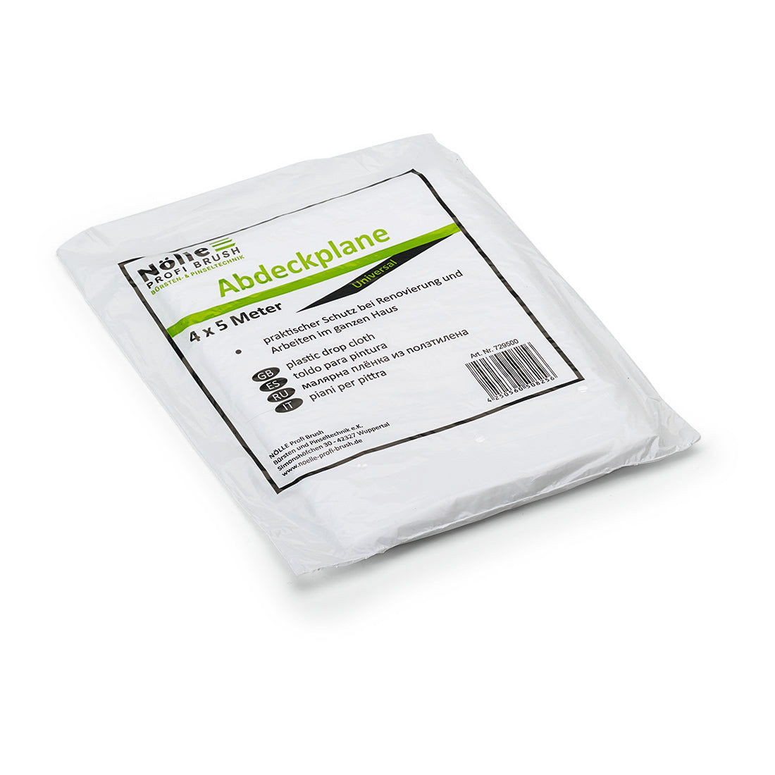 Die Nölle Profi Brush Abdeckplane Universal 4 m von Nölle Profi Brush Bürsten- & Pinseltechnik e.K. ist eine gefaltete weiße Kunststofffolie in einer Verpackung mit der Aufschrift "Abdeckplane" - perfekt für die Renovierung oder als unverzichtbares Malerzubehör, mit deutschen Details und Tipps.