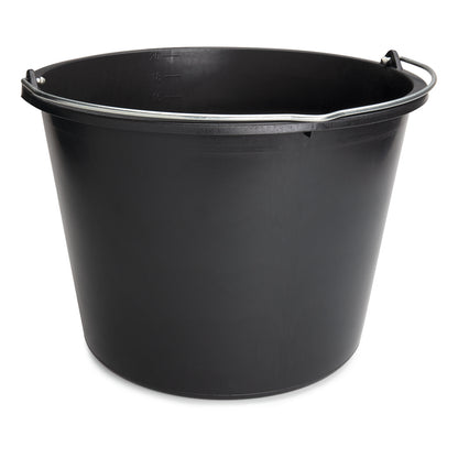 Der Nölle Profi Brush Baueimer aus schwarzem Kunststoff mit Metalltragegriff und Innen-Skala von Nölle Profi Brush Bürsten- & Pinseltechnik e.K. steht auf weißem Hintergrund.