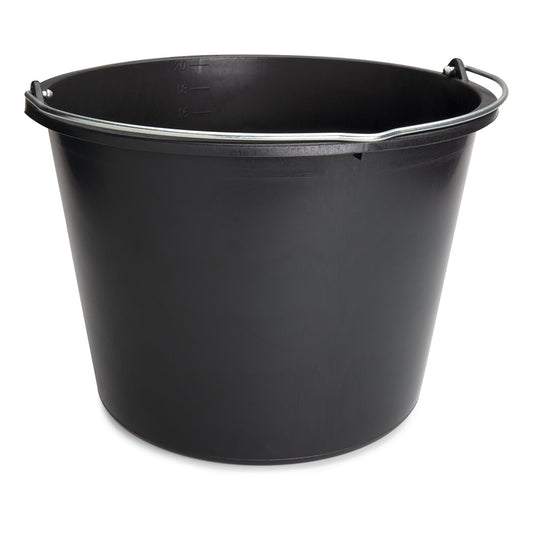 Der Nölle Profi Brush Baueimer aus schwarzem Kunststoff mit Metalltragegriff und Innen-Skala von Nölle Profi Brush Bürsten- & Pinseltechnik e.K. steht auf weißem Hintergrund.