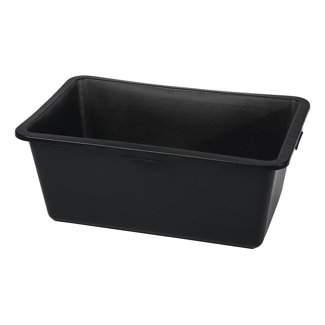 Der Nölle Profi Brush Mörtelkasten Kunststoff schwarz von Nölle Profi Brush Bürsten- & Pinseltechnik e.K. ist ein großer, rechteckiger Aufbewahrungsbehälter mit abgeschrägten Seiten, ohne Deckel - ideales Baustellen-Zubehör - auf einem schlichten weißen Hintergrund.
