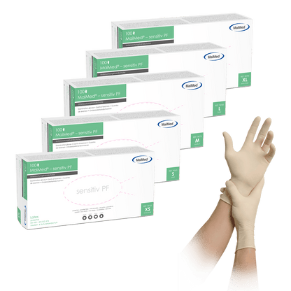 Guanti da esplorazione in lattice sensibili MaiMed, non sterili, senza polvere, 100 pezzi/scatola