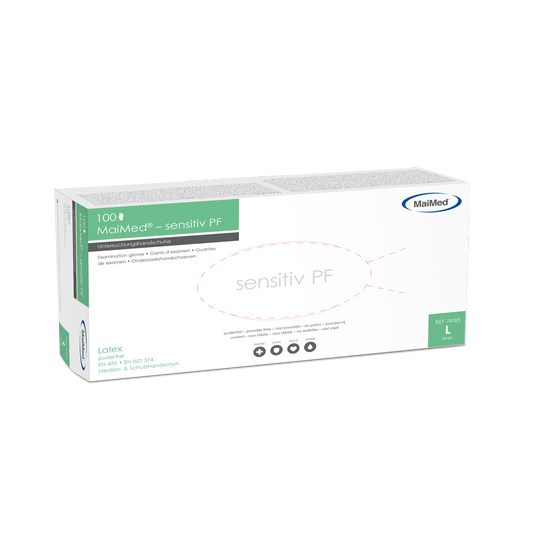 Guanti da esplorazione in lattice sensibili MaiMed, non sterili, senza polvere, 100 pezzi/scatola