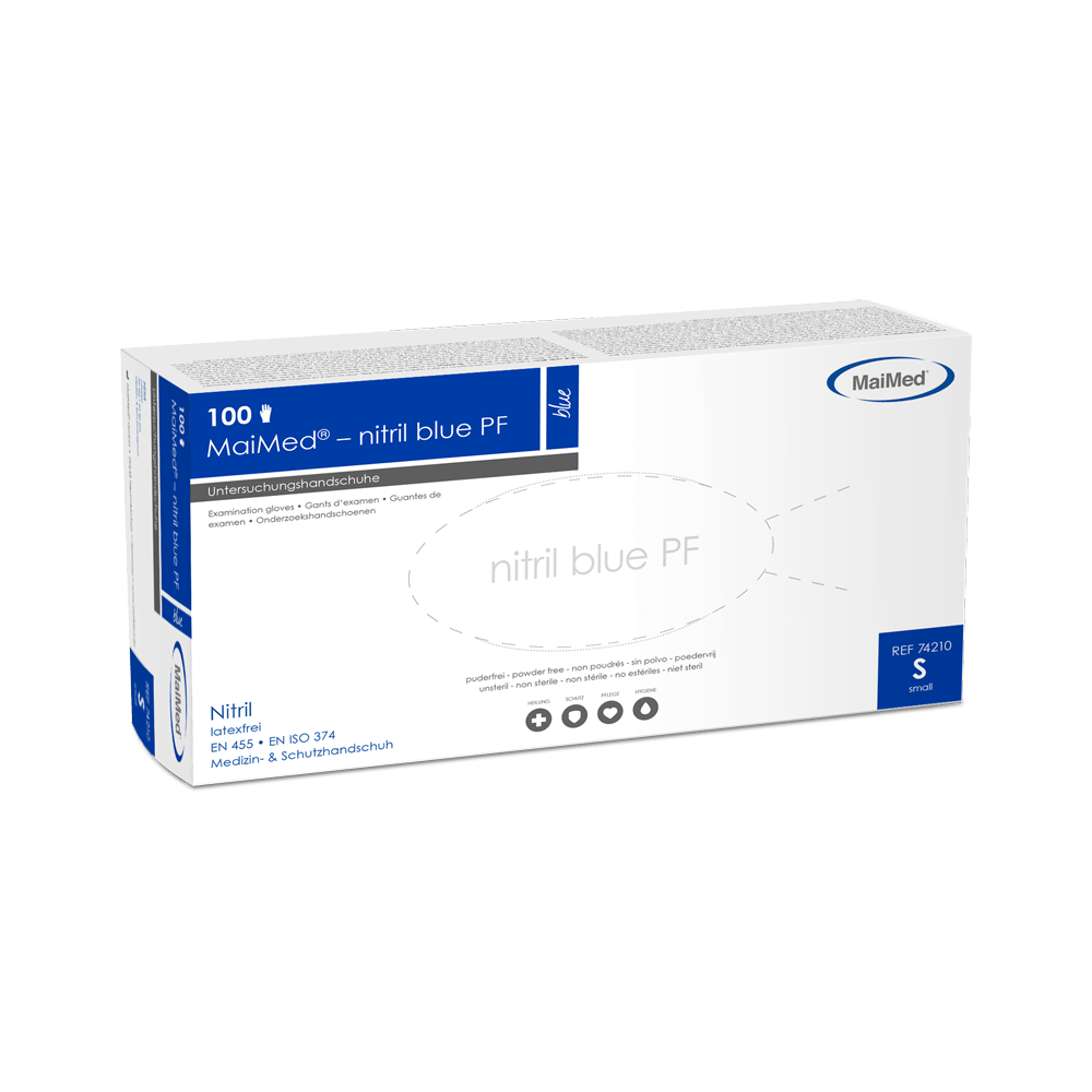 MaiMed-blu nitrile PF Blu, non sterile, polvere. Guanti senza lattice 100 pezzi/scatola