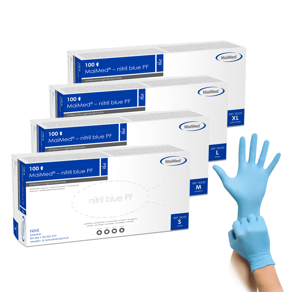 MaiMed-blu nitrile PF Blu, non sterile, polvere. Guanti senza lattice 100 pezzi/scatola