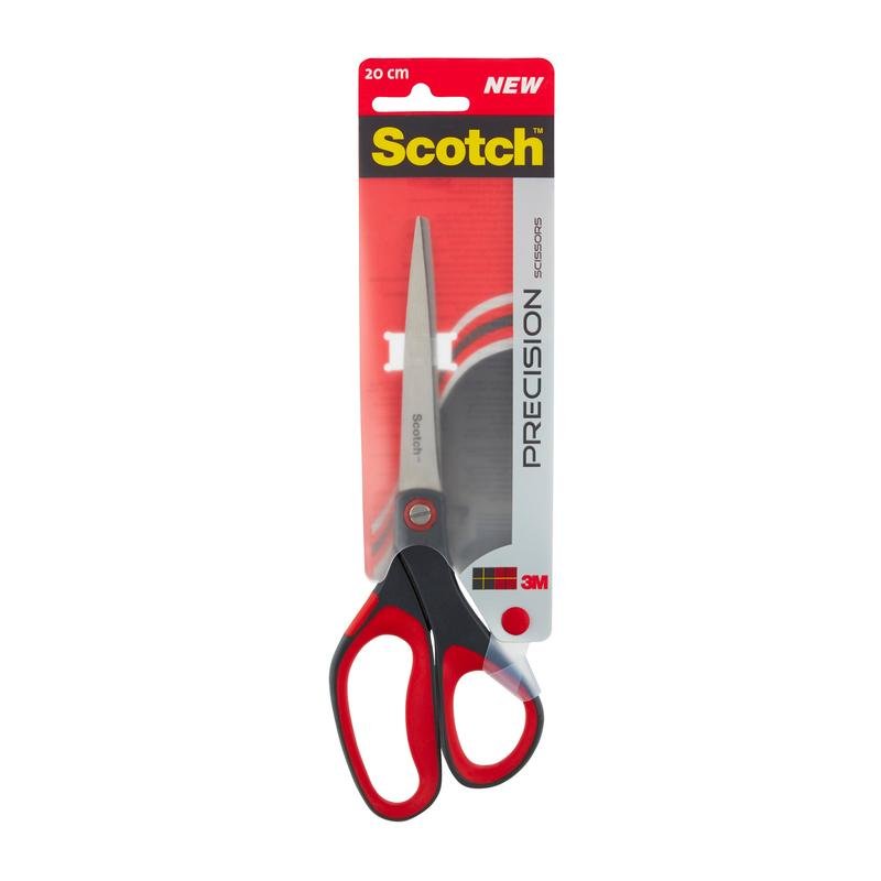 Un paio di forbici di precisione rosse Scotch™ di 3M Deutschland GmbH in confezione originale, con manico rosso e nero e lama di 20 cm in acciaio inossidabile. La confezione mostra i loghi Scotch e 3M.