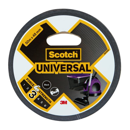 Un rotolo di nastro adesivo Scotch® Universal 2904 della 3M Deutschland GmbH, 50 m x 48 mm, nero. L'imballaggio mostra una forza di 3/6 e immagini di un aspirapolvere e altri dispositivi.
