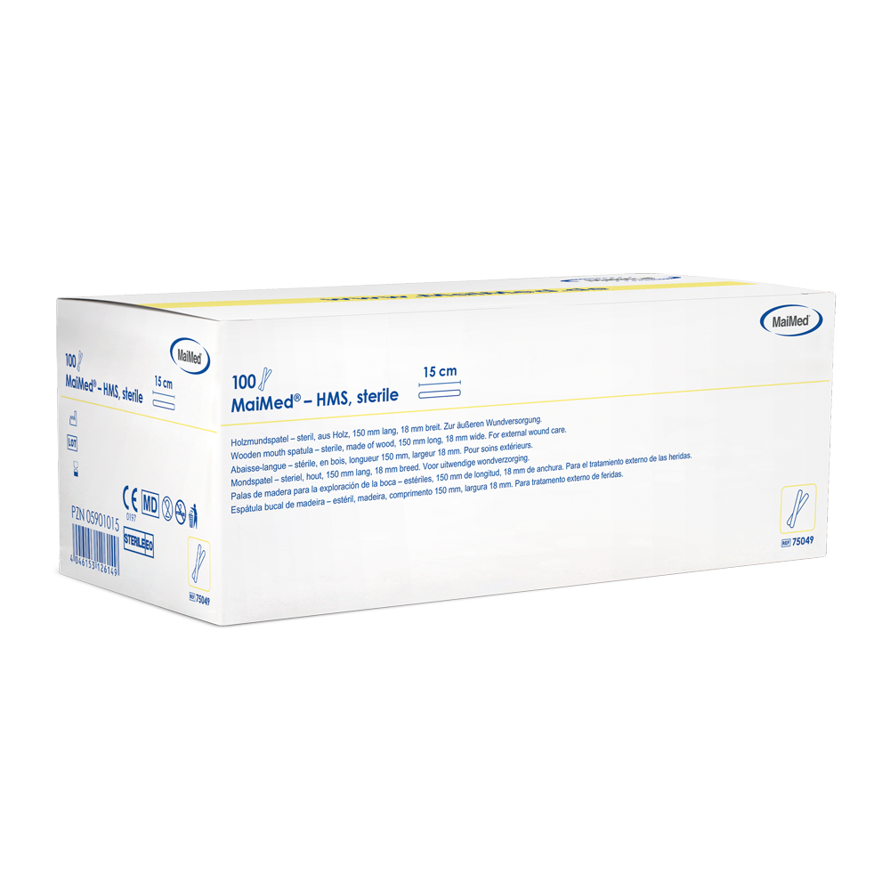 MaiMed - Abbassabocca sterile in legno HMS, lungo 15 cm, 100x1 pz. confezione sterile | Scatola (100 pezzi)