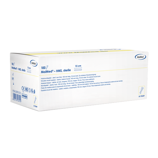 MaiMed - Abbassabocca sterile in legno HMS, lungo 15 cm, 100x1 pz. confezione sterile | Scatola (100 pezzi)
