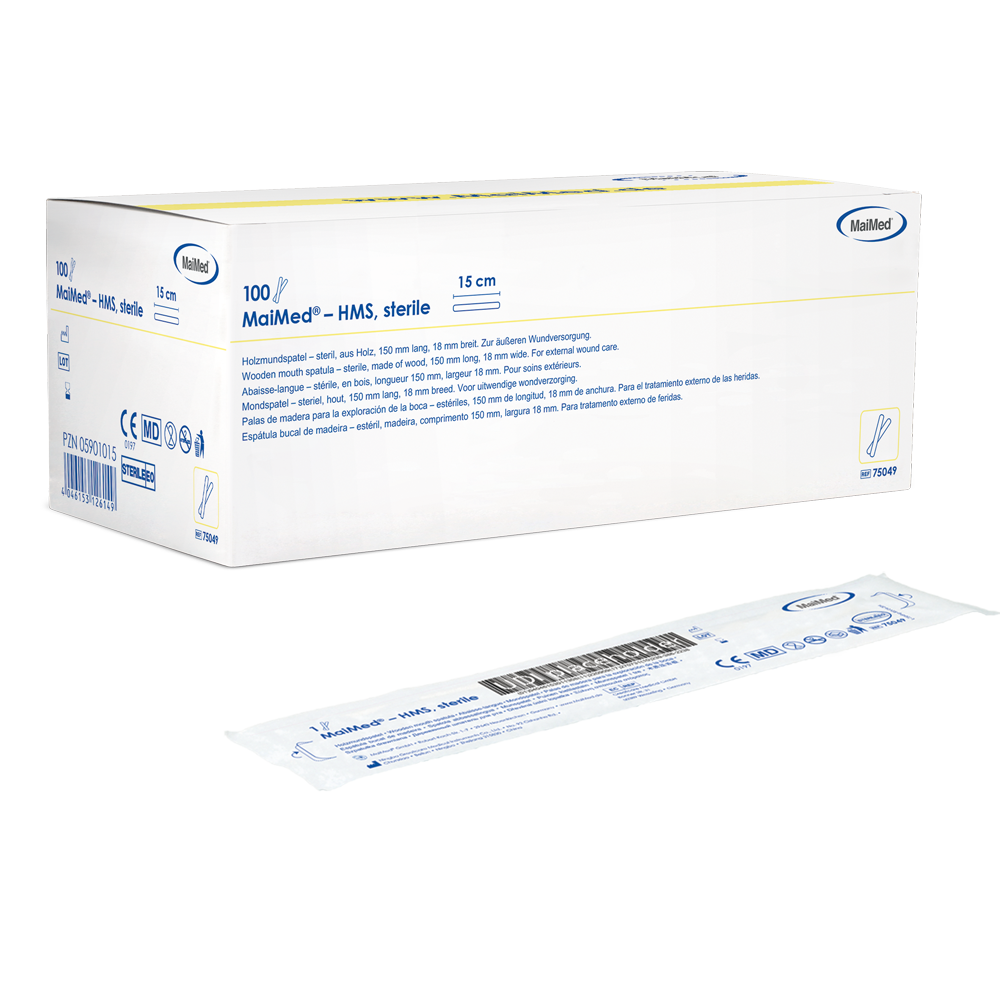MaiMed - Abbassabocca sterile in legno HMS, lungo 15 cm, 100x1 pz. confezione sterile | Scatola (100 pezzi)