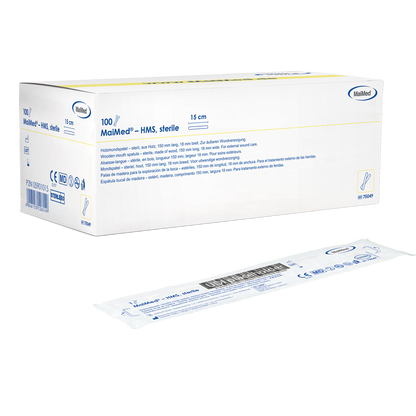 MaiMed - Abbassabocca sterile in legno HMS, lungo 15 cm, 100x1 pz. confezione sterile | Scatola (100 pezzi)