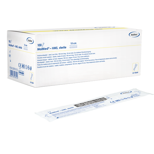 MaiMed - Abbassabocca sterile in legno HMS, lungo 15 cm, 100x1 pz. confezione sterile | Scatola (100 pezzi)