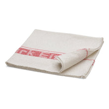 Un Nölle Profi-porta spazzole, 70x60 cm, in misto cotone-sintetico con bordo decorativo rosso è piegato su uno sfondo bianco. Un angolo è leggermente sollevato e mostra il lato inferiore.