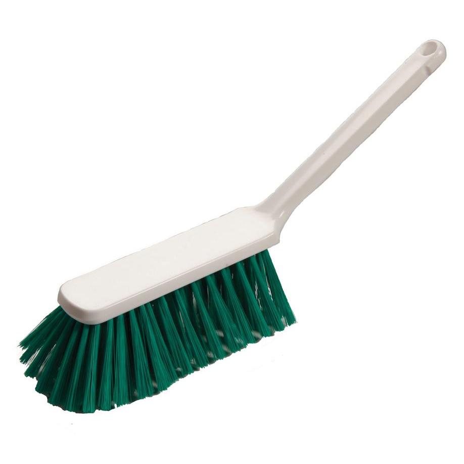 Una scopa a mano con manico bianco (315 x 40 x 55 mm) di Diversey Deutschland GmbH & Co. OHG con setole verdi dense e morbide, inclinate da un lato - ideale per la pulizia delicata di superfici sensibili. Raffigurata su uno sfondo bianco semplice.