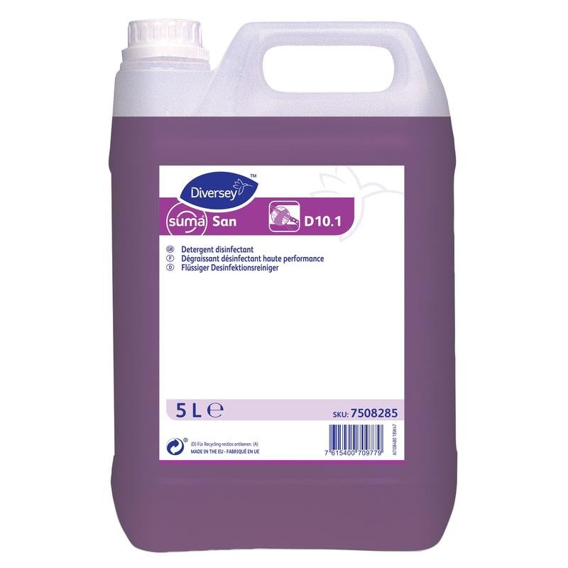 Un contenitore da 5 litri del detergente disinfettante Suma San D10.1 di Diversey Deutschland GmbH & Co. OHG, con liquido viola e etichetta bianca multilingue - ideale per l'igiene nel settore sanitario.