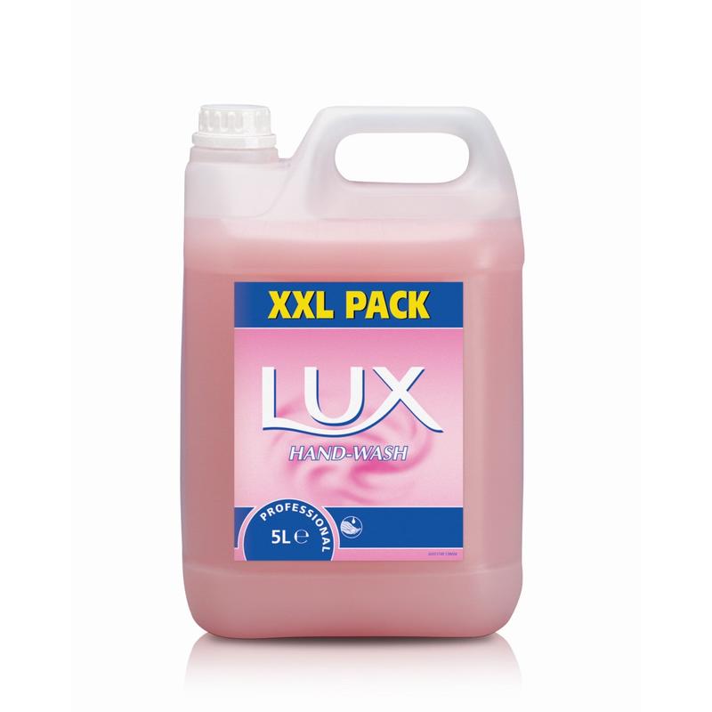 Un contenitore di plastica da 5 litri con sapone per le mani rosa LUX Pro Formula di Diversey Deutschland GmbH & Co. OHG, con manico e tappo a vite in alto a sinistra, su sfondo bianco.