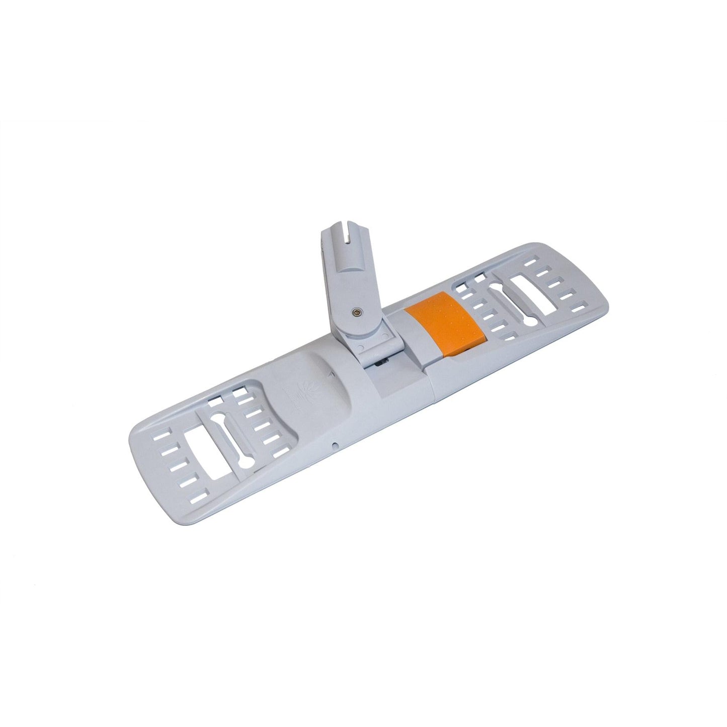 Il supporto TASKI Multi Mop 1 pz. (40 cm) di Diversey Deutschland GmbH & Co. OHG dispone di una testa rettangolare in plastica grigio chiaro con giunto girevole regolabile e pulsante arancione per una pulizia efficace e una facile maneggevolezza, raffigurato su sfondo bianco.